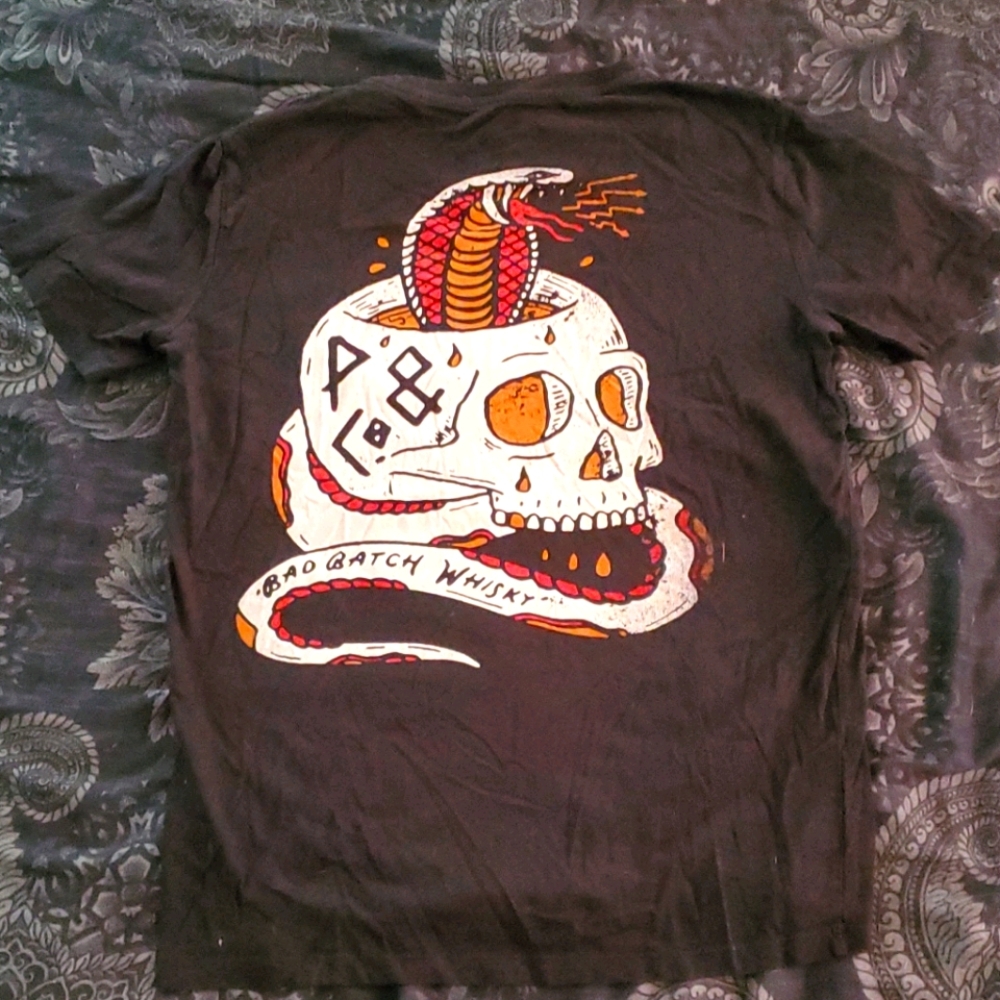 Biker style skull and snake whiskey t-shirt